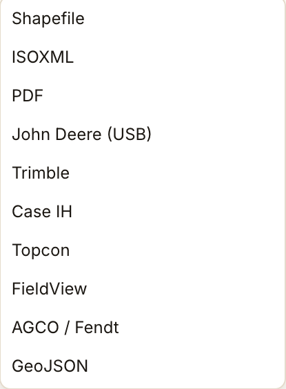 Export menu listing Shapefile, ISOXML, PDF, John Deere (USB), Trimble, Case IH, Topcon, FieldView, AGCO / Fendt and GeoJSON