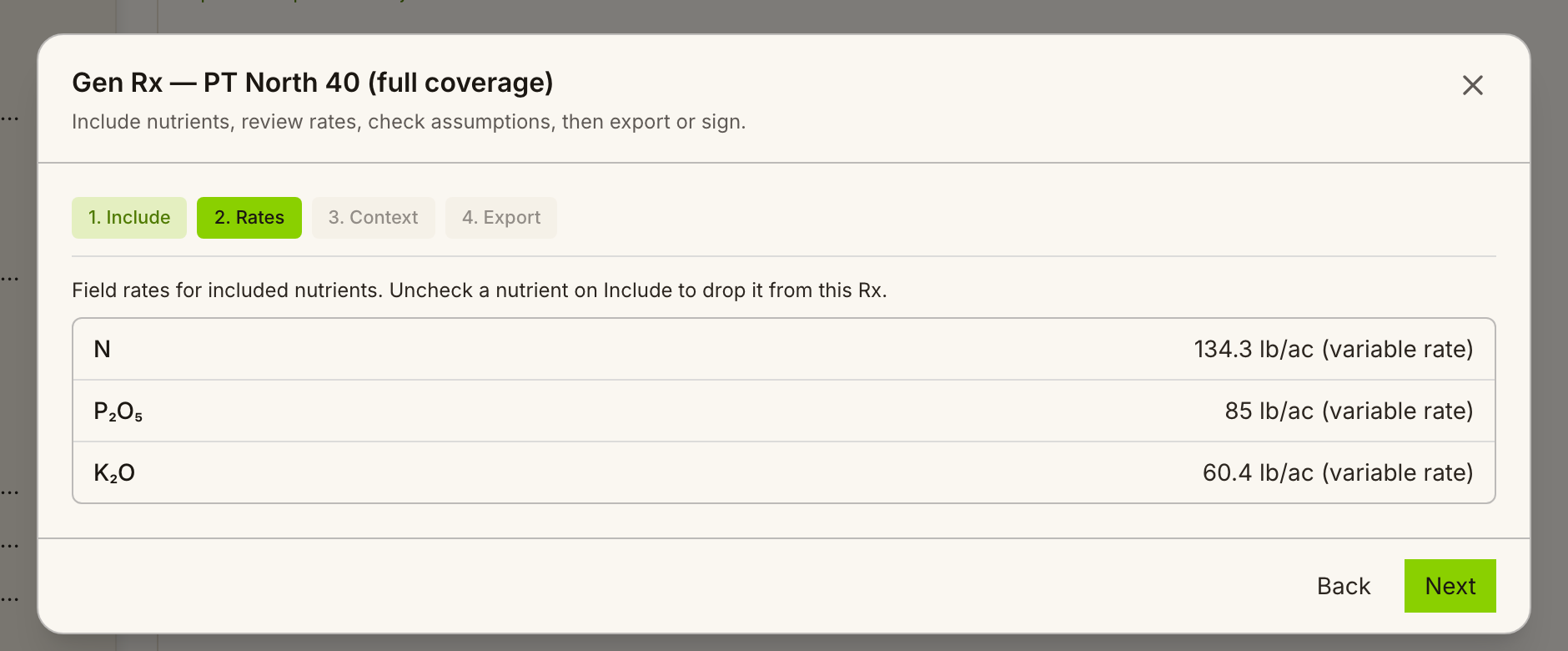 Prescription builder on its Rates step, listing nitrogen, phosphate and potash rates for a field.